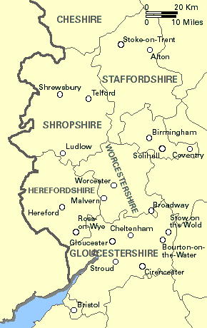 England: Gloucestershire, Herefordshire, Shropshire, Staffordshire, West Midlands, Worcestershire