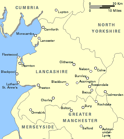 Map showing Blackburn, Bolton, Rossendale and Stockport