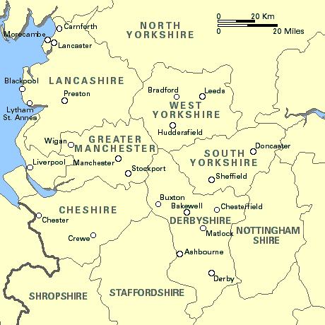 England: Cheshire, Derbyshire, Lancashire, Greater Manchester, South Yorkshire, West Yorkshire